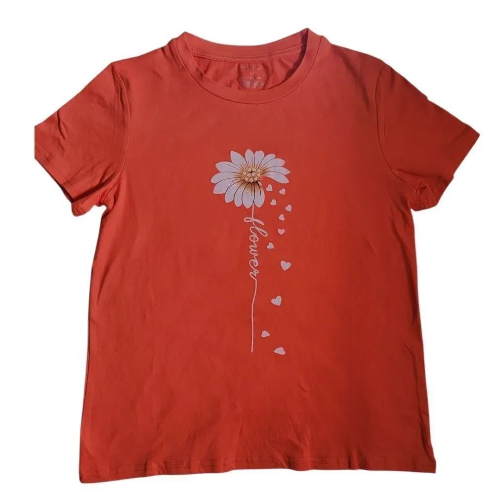 Vibrant Coral Short Sleeve Tee with Floral Design - Picture 2 of 9